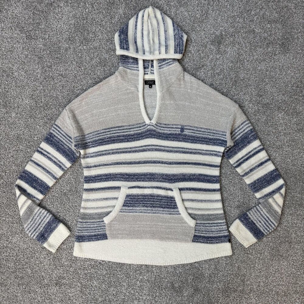 Lira Sweater Womens Medium Blue White Striped Hooded Granola Girl Boho Bonfire